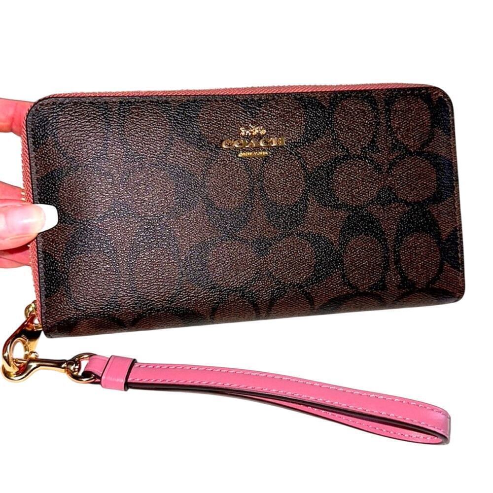 NEW Coach Long Zip Around Wallet In Signature Canvas Gold Pink Lemonade Brown - Picture 2 of 11